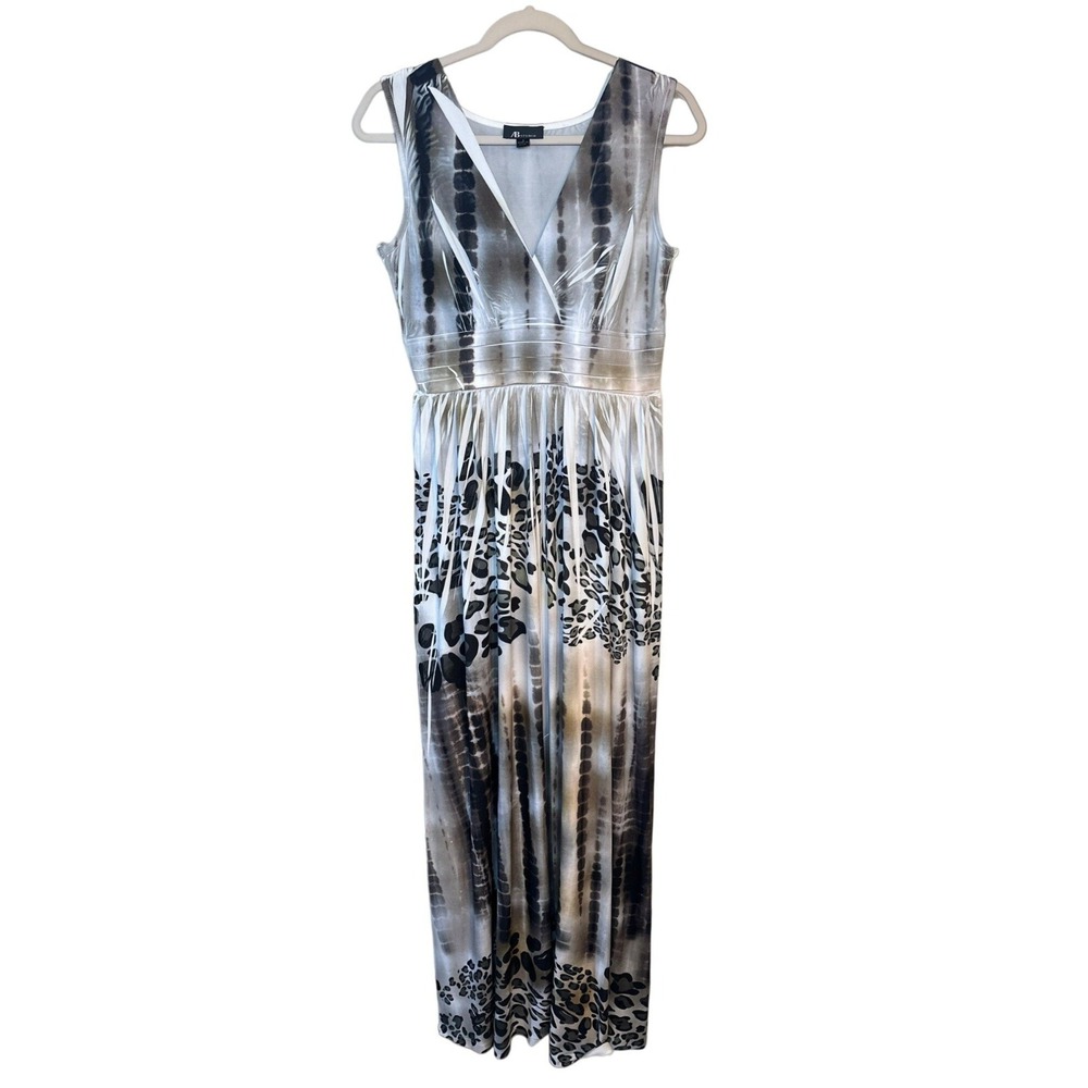 AB Studio Maxi Dress Grey Animal Print Sleeveless V-Neck Empire Waist 6 Women